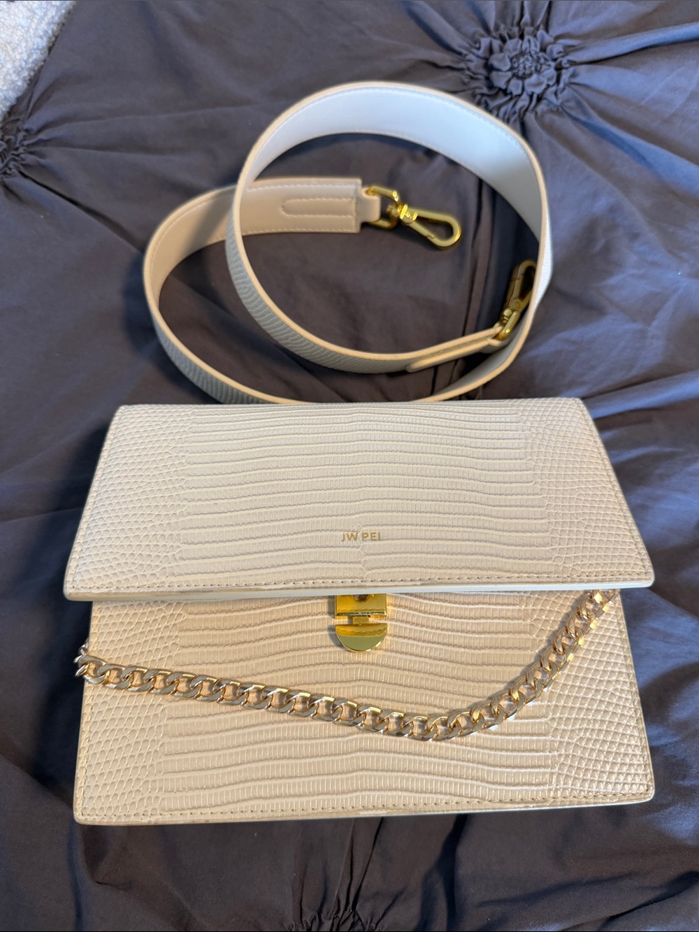 JW Pei Cream Textured Crossbody Bag with Gold Chain